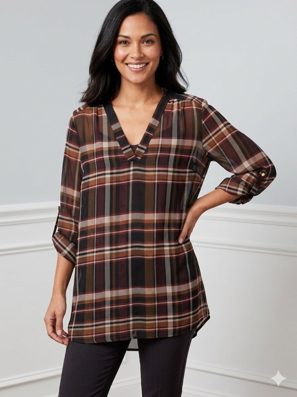 Le Chateau 90’s Plaid V-Neck Roll-Tab Sheer Tunic Top in Brown Plaid